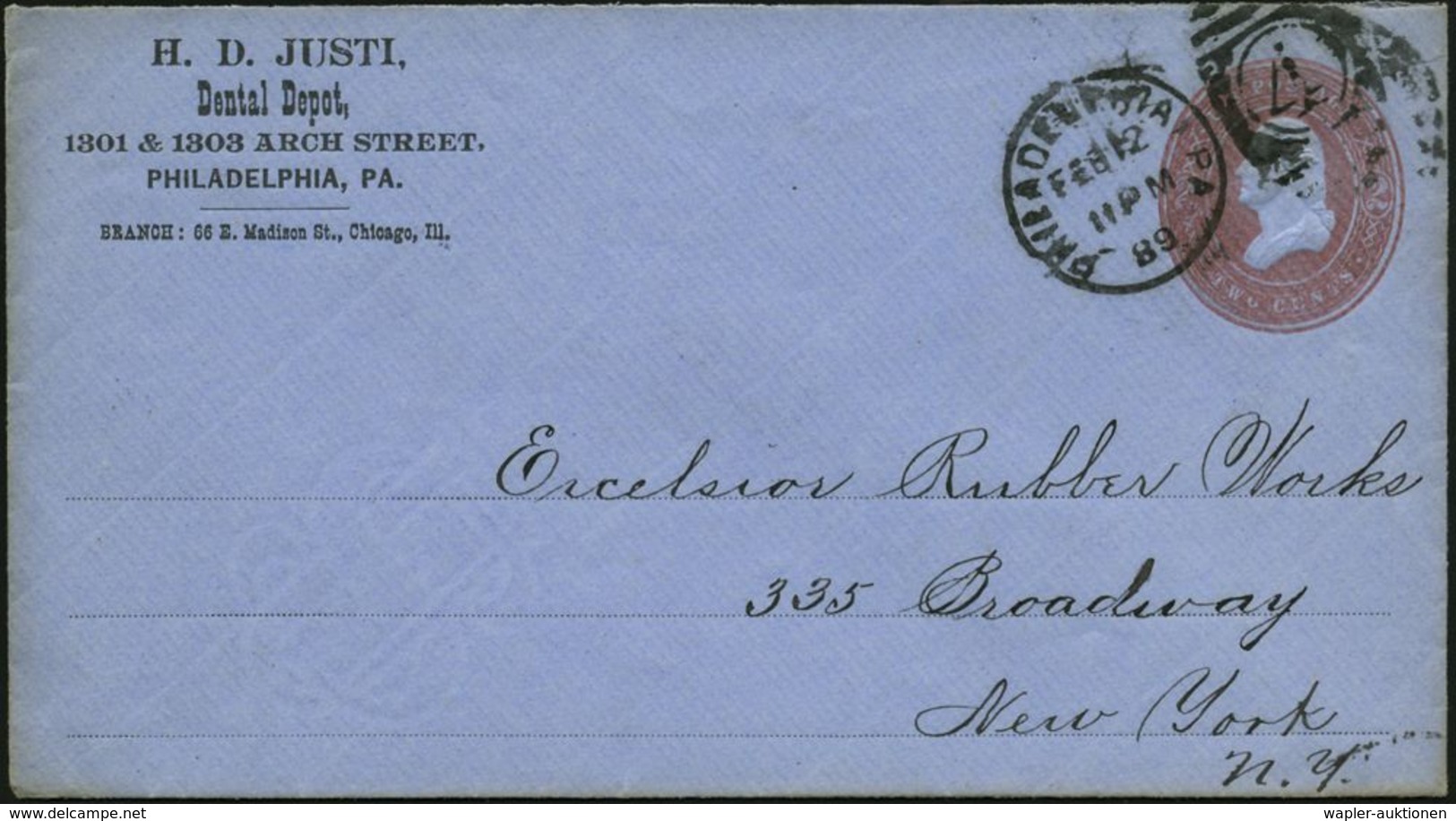 DENTAL-MEDIZIN / ZÄHNE : U.S.A. 1889 (12.2.) PU 2 C. Washington, Braunrot: H.D. JUSTI, Dental Depot.. PHILADELPHIA, PA , - Krankheiten