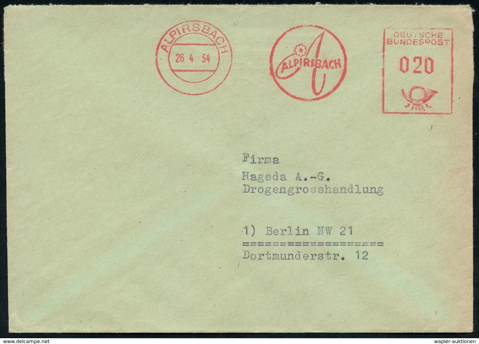 PHARMAZIE / MEDIKAMENTE : ALPIRSBACH/ ALPIRSBACH 1954 (26.4.) AFS , Rs. Abs.-Vordruck: KLOSTER-LABORATORIUM, HENNINGER & - Farmacia