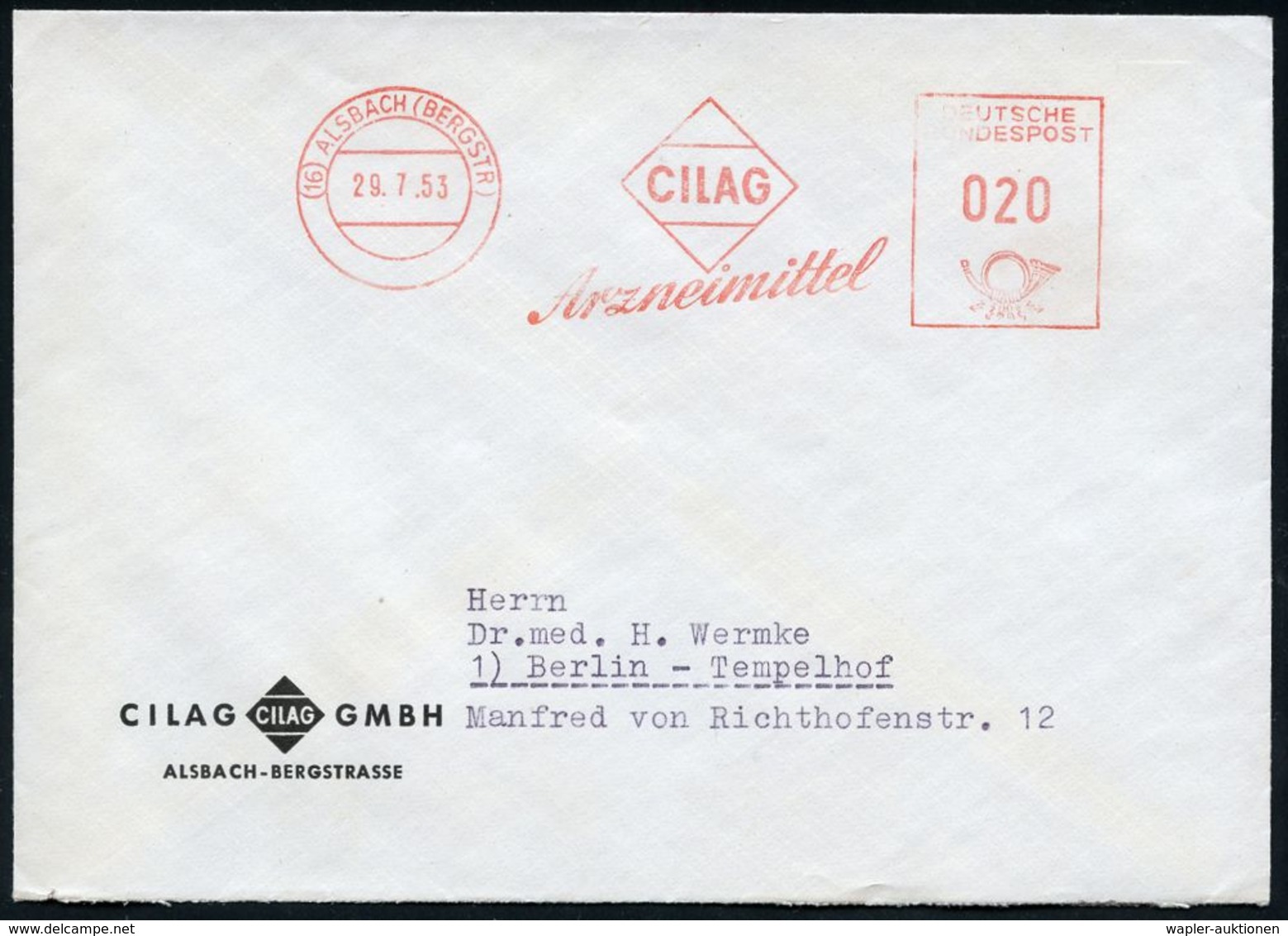 PHARMAZIE / MEDIKAMENTE : (16) ALSBACH (BERGSTR)/ CILAG/ Arzneimittel 1953 (29.7.) AFS (Firmen-Logo) Motivgl. Firmen-Bf. - Pharmacie