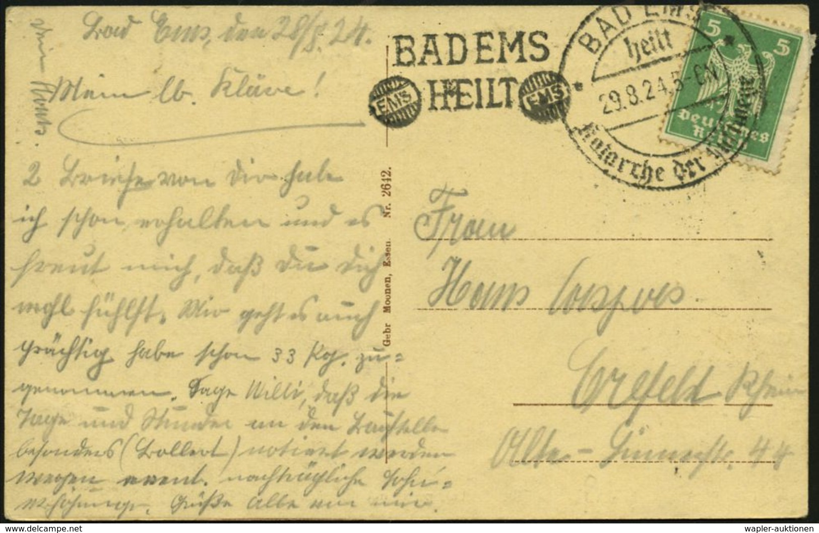 PHARMAZIE / MEDIKAMENTE : BAD EMS/ Heilt/ Katarrhe Der Luftwege 1924 (29.8.) Seltener HWSt (oben Gering Nicht Voll) + Se - Pharmacy