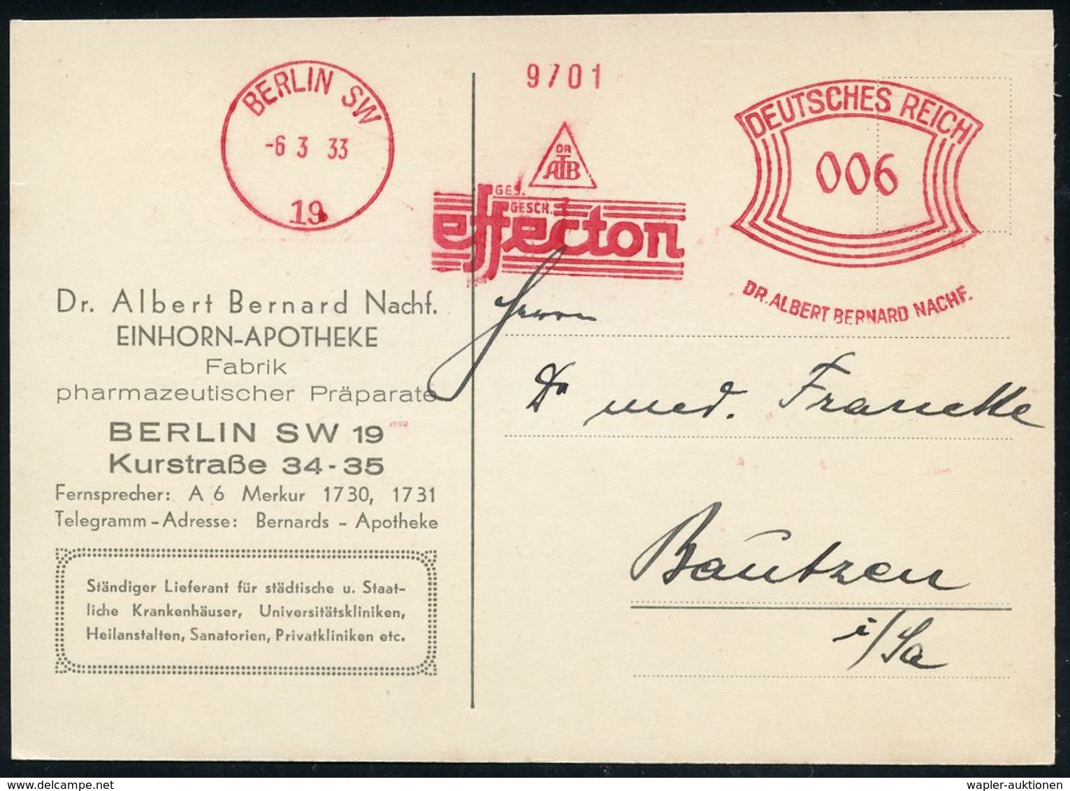 PHARMAZIE / MEDIKAMENTE : BERLIN SW/ 19/ DR/ AB/ GES./ GESCH./ Effecton/ DR.ALBERT BERNARD NACHF. 1933 (6.3.) AFS Auf Fi - Pharmazie