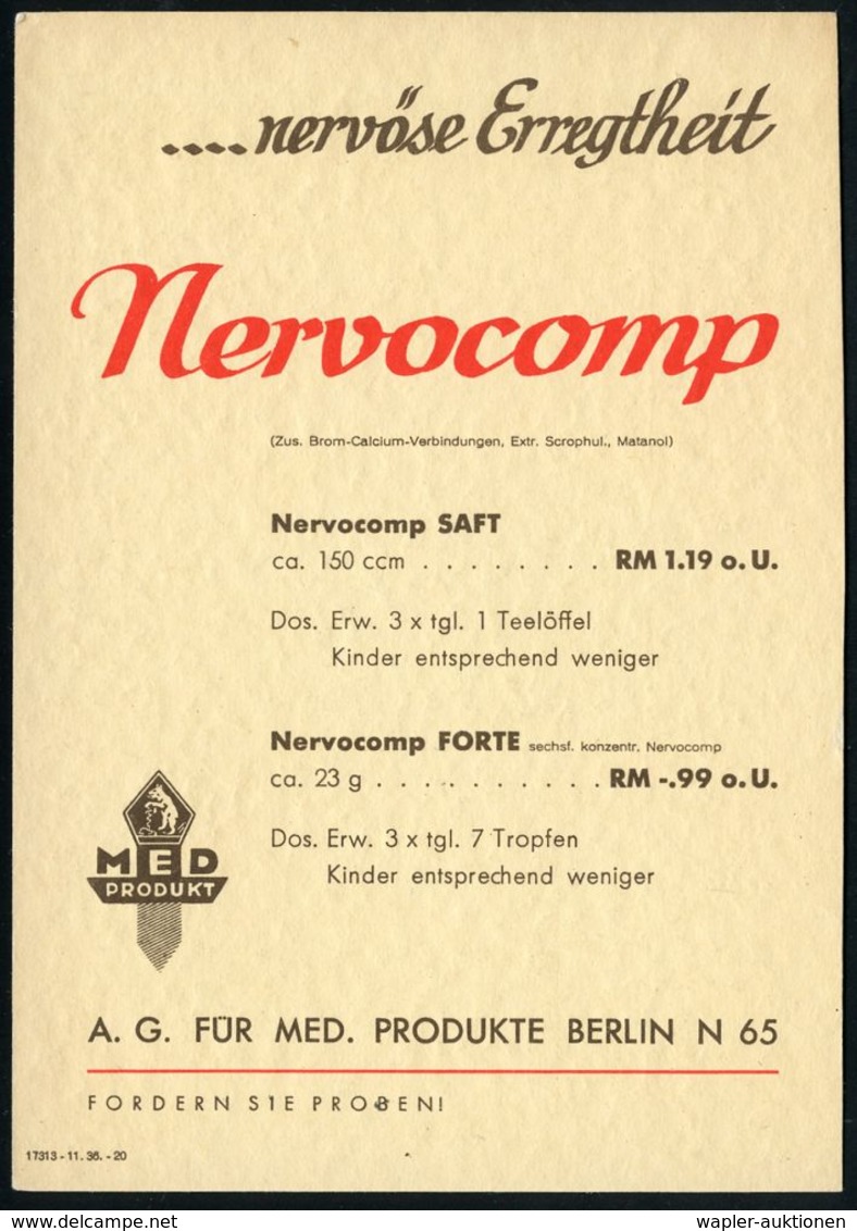 PHARMAZIE / MEDIKAMENTE : BERLIN N 4/ DEUTSCHES/ REICH 1937 (5.3.) PFS 3 Pf. Achteck Auf Zweifarbiger Reklame-Kt.: ..Ner - Pharmacy