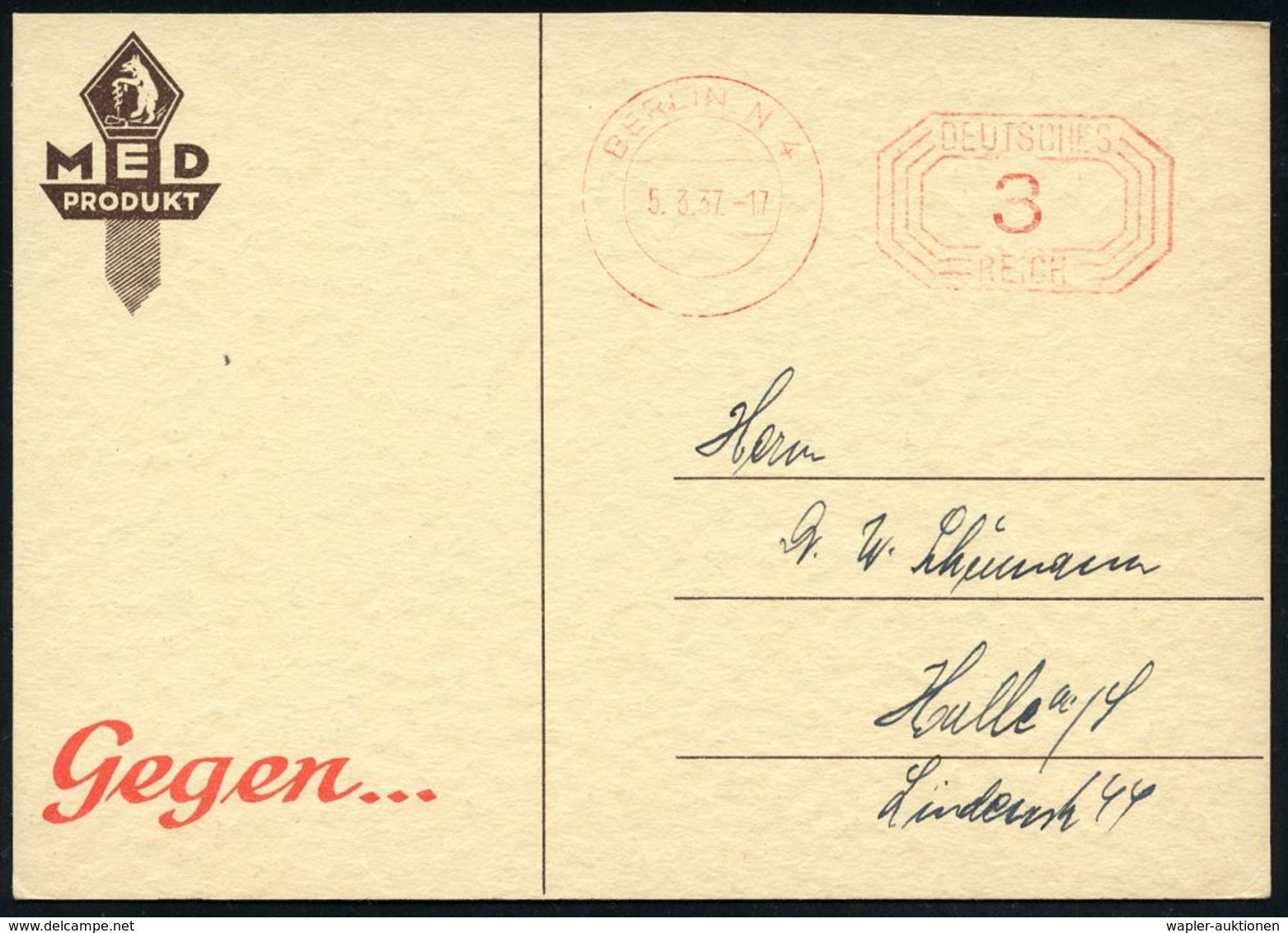 PHARMAZIE / MEDIKAMENTE : BERLIN N 4/ DEUTSCHES/ REICH 1937 (5.3.) PFS 3 Pf. Achteck Auf Zweifarbiger Reklame-Kt.: ..Ner - Pharmacy