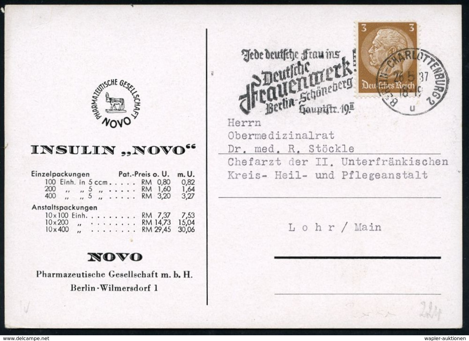 PHARMAZIE / MEDIKAMENTE : BERLIN-CHARLOTTENBG.2/ U/ Jede Deutsche Frau Ins/ Deutsche/ Frauenwerk! 1937 (26.5.) Seltener  - Pharmacie