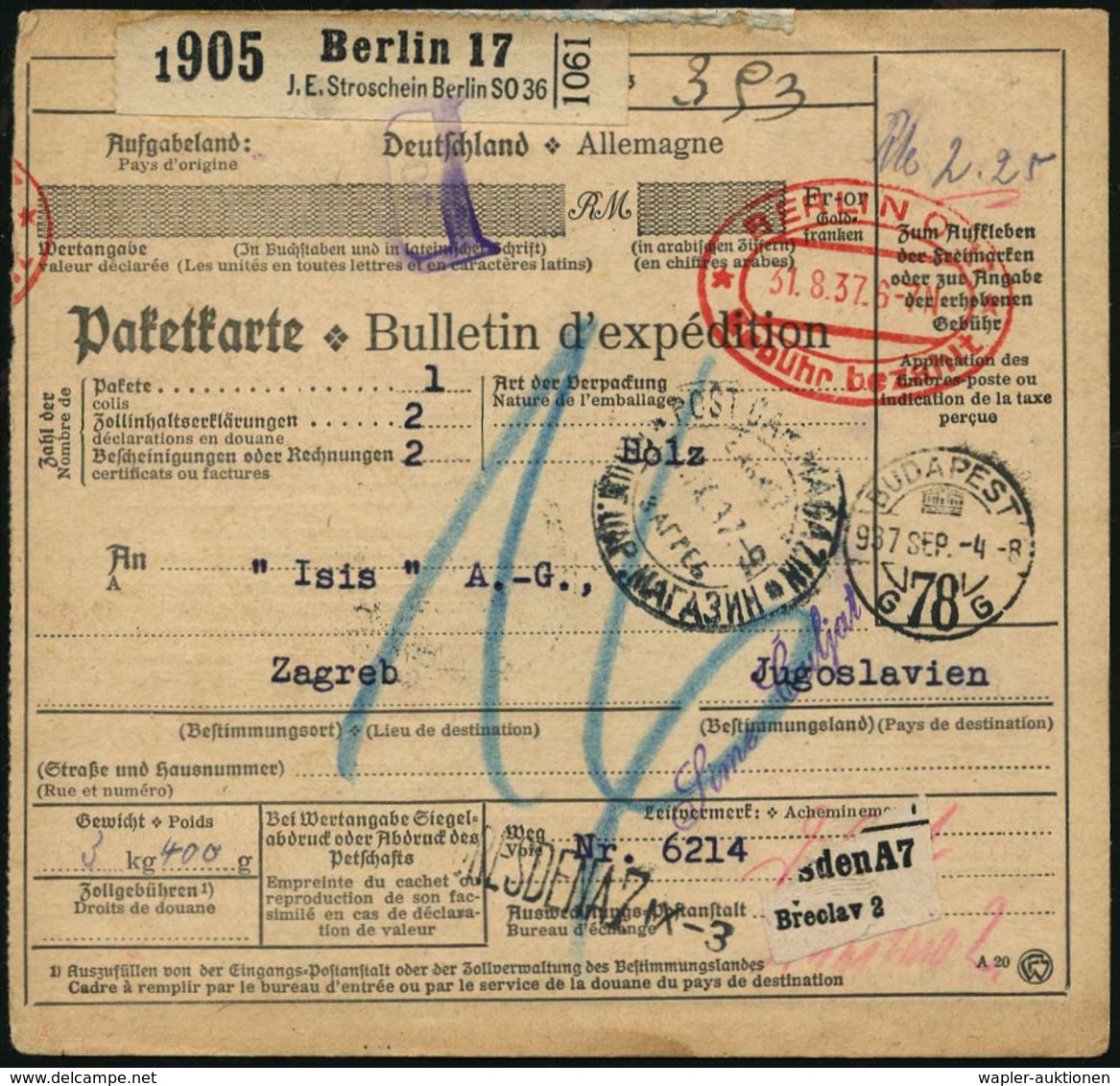 PHARMAZIE / MEDIKAMENTE : Berlin 17/ J.E.Stroschein Berlin SO 36 1937 (31.8.) Seltener Selbstbucher-Paketzettel + PFS Do - Apotheek