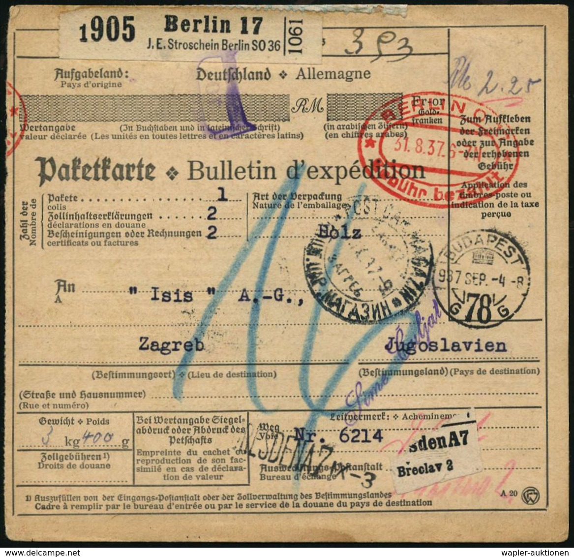 PHARMAZIE / MEDIKAMENTE : Berlin 17/ J.E.Stroschein Berlin SO 36 1937 (31.8.) Seltener Selbstbucher-Paketzettel + PFS Do - Pharmacie