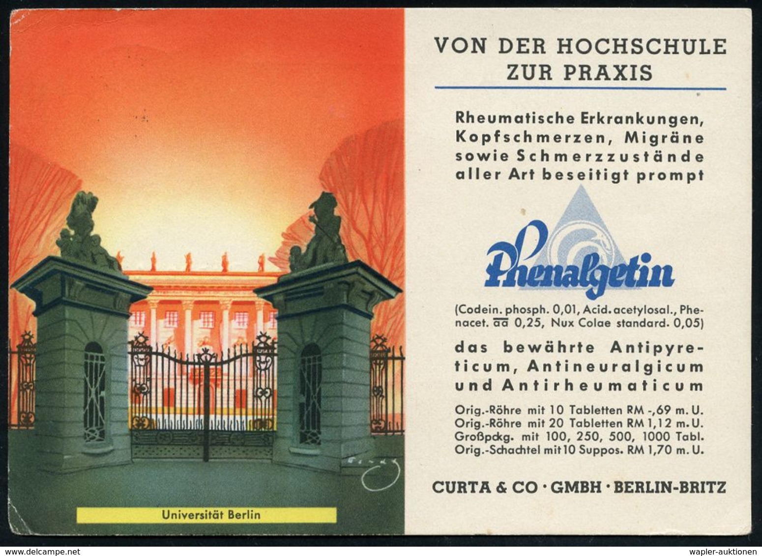 PHARMAZIE / MEDIKAMENTE : Berlin-Britz 1939 (6.7.) Color-Künstler-Reklame-Kt.: Phenalgetin.. Antipyreticum.. CURTA & CO  - Pharmacy