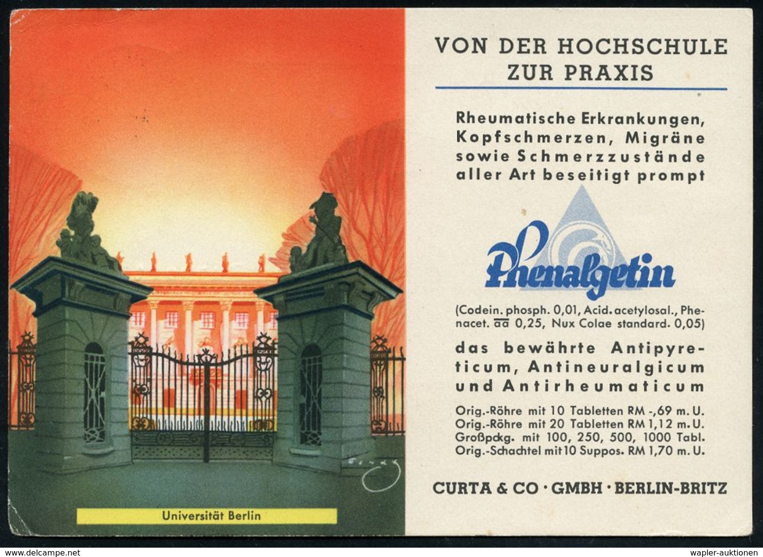 PHARMAZIE / MEDIKAMENTE : Berlin-Britz 1939 (6.7.) Color-Künstler-Reklame-Kt.: Phenalgetin.. Antipyreticum.. CURTA & CO  - Pharmacie