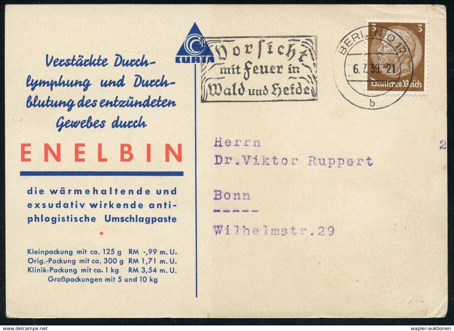 PHARMAZIE / MEDIKAMENTE : Berlin-Britz 1939 (6.7.) Color-Künstler-Reklame-Kt.: Phenalgetin.. Antipyreticum.. CURTA & CO  - Farmacia
