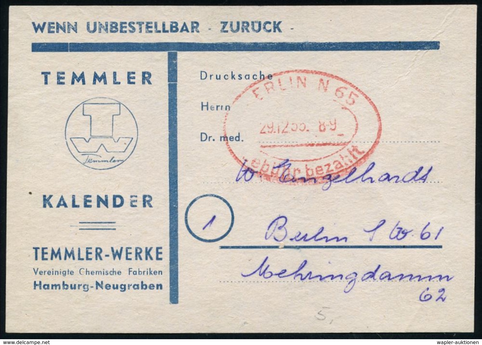 PHARMAZIE / MEDIKAMENTE : Berlin N 65 /  Hamburg 1955 (29.12.) Doppel-Oval: BERLIN N 65/Gebühr Bezahlt Auf Kleinem Adreß - Farmacia