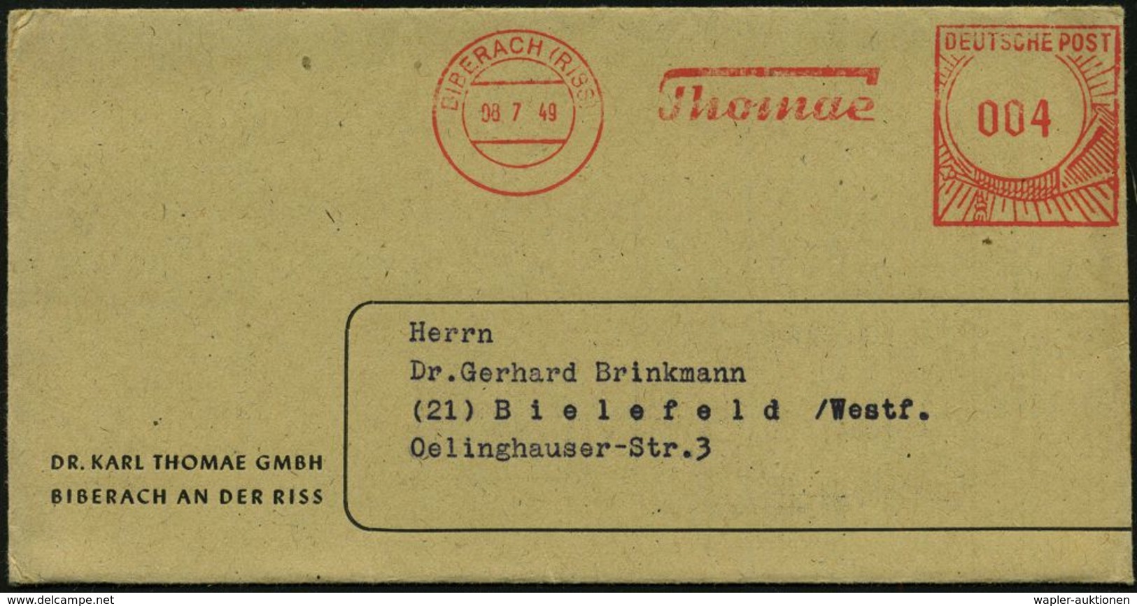 PHARMAZIE / MEDIKAMENTE : BIBERACH (RISS)/ Thomae 1949 (8.7.) AFS Typ FZ 004 Pf. Auf Schmalem Firmen-Bf. + Reklame-Inhal - Pharmazie