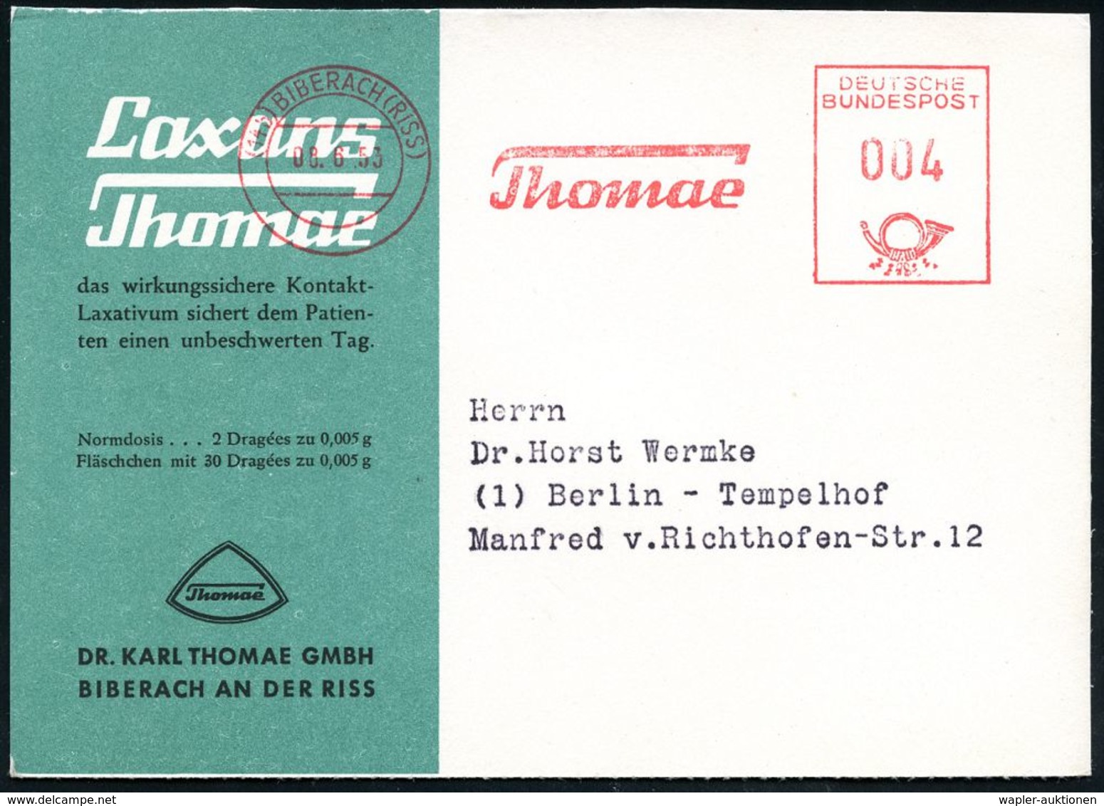 PHARMAZIE / MEDIKAMENTE : (14b) BIBERACH (RISS)/ Thomae 1953 (Juni) AFS Auf Grüner (halber) Reklame-Kt.: Laxans Thomae.. - Farmacia