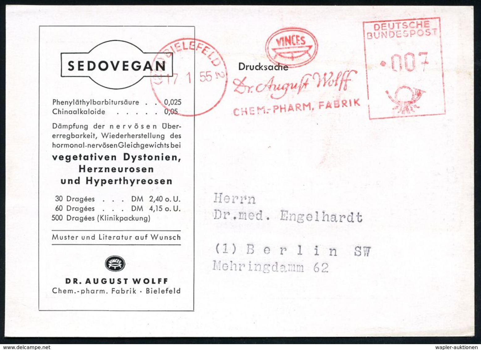 PHARMAZIE / MEDIKAMENTE : (21a) BIELEFELD 2/ Dr.August Wolff/ CHEM.-PHARM.FABRIK 1955 (17.1.) AFS (Firmen-Logo) Auf Zwei - Pharmacy