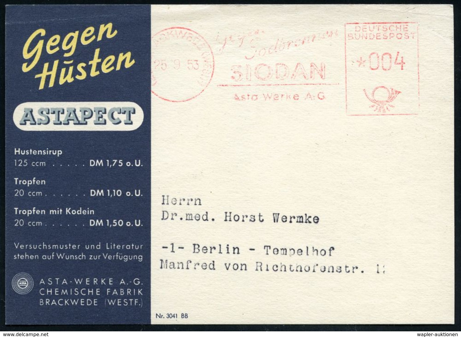 PHARMAZIE / MEDIKAMENTE : (21a) BRACKWEDE (WESTF)/ Gegen/ Sodbrennen/ SIODAN/ Asta-Werke AG. 1953 (25.9.) AFS (etw. Schw - Farmacia