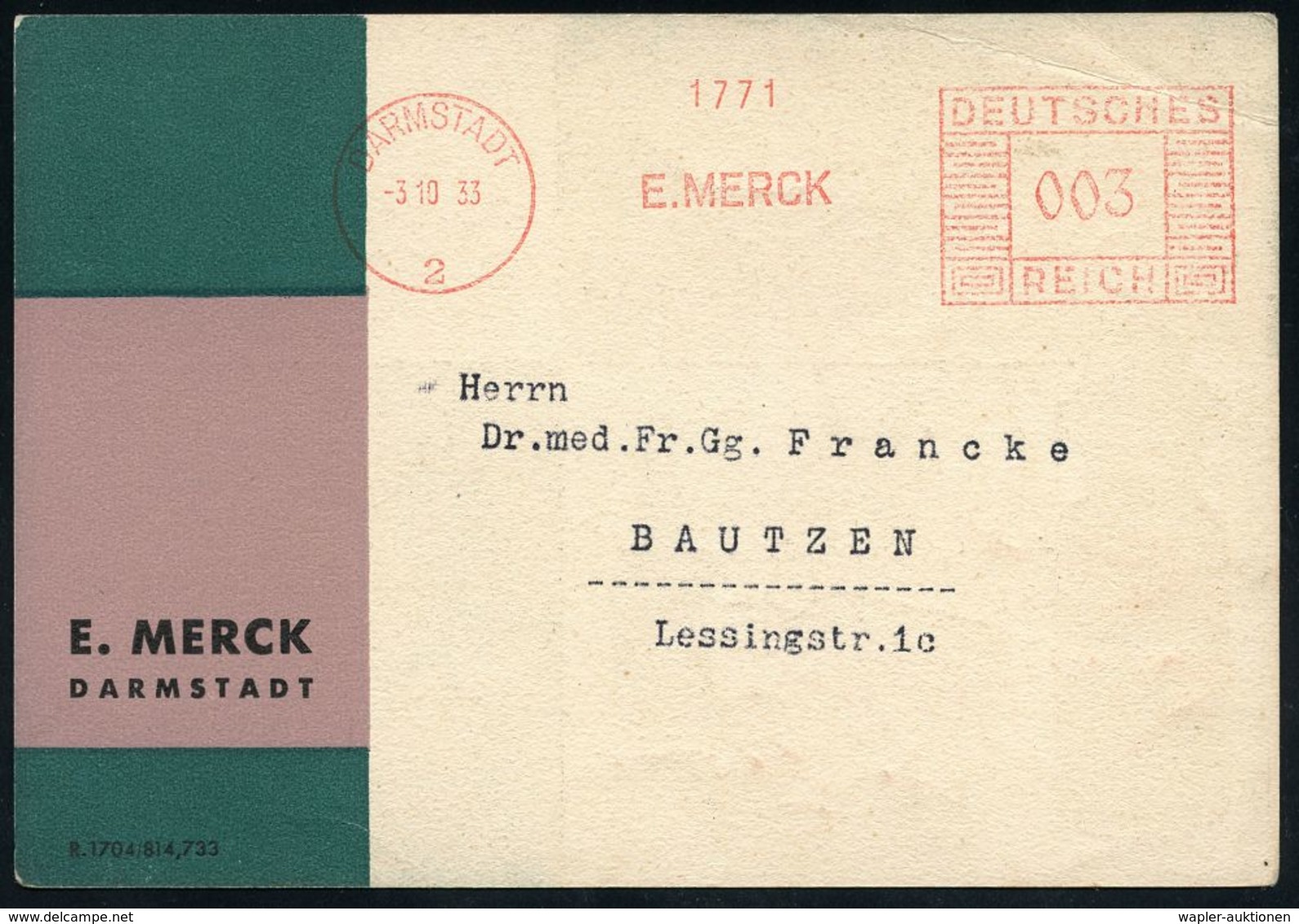 PHARMAZIE / MEDIKAMENTE : DARMSTAST/ 2/ E. MERCK 1933 (3.10.) AFS A.Reklame-Kt.: Ergotin = Blutstillendes Mittel Auf Mut - Farmacia