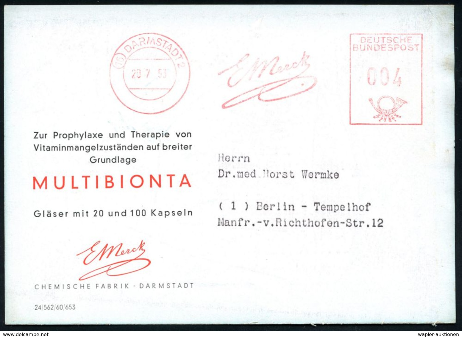 PHARMAZIE / MEDIKAMENTE : (16) DARMSTADT 2/ E Merck 1953 (20.7.) AFS Auf Color-Künstler-Reklame-Kt.: MULTI-BIONTA.. Vita - Pharmacie