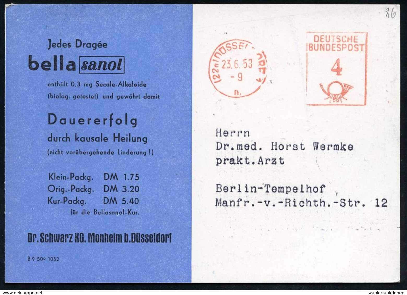 PHARMAZIE / MEDIKAMENTE : (22a) DÜSSELDORF  1/ DEUTSCHE/ BUNDESPOST 1953 (23.6.) PFS 4 Pf. Posthorn Auf Color-Künstler-A - Farmacia