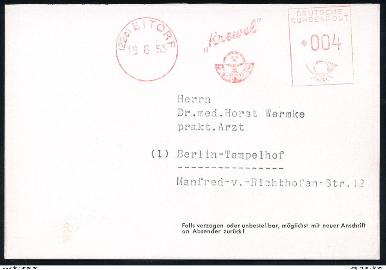 PHARMAZIE / MEDIKAMENTE : (22c) EITORF/ "Krewel".. 1953 (19.6.) AFS (Firmen-Logo) Auf Zweifarbiger Reklame-Kt.: Analgit. - Pharmazie