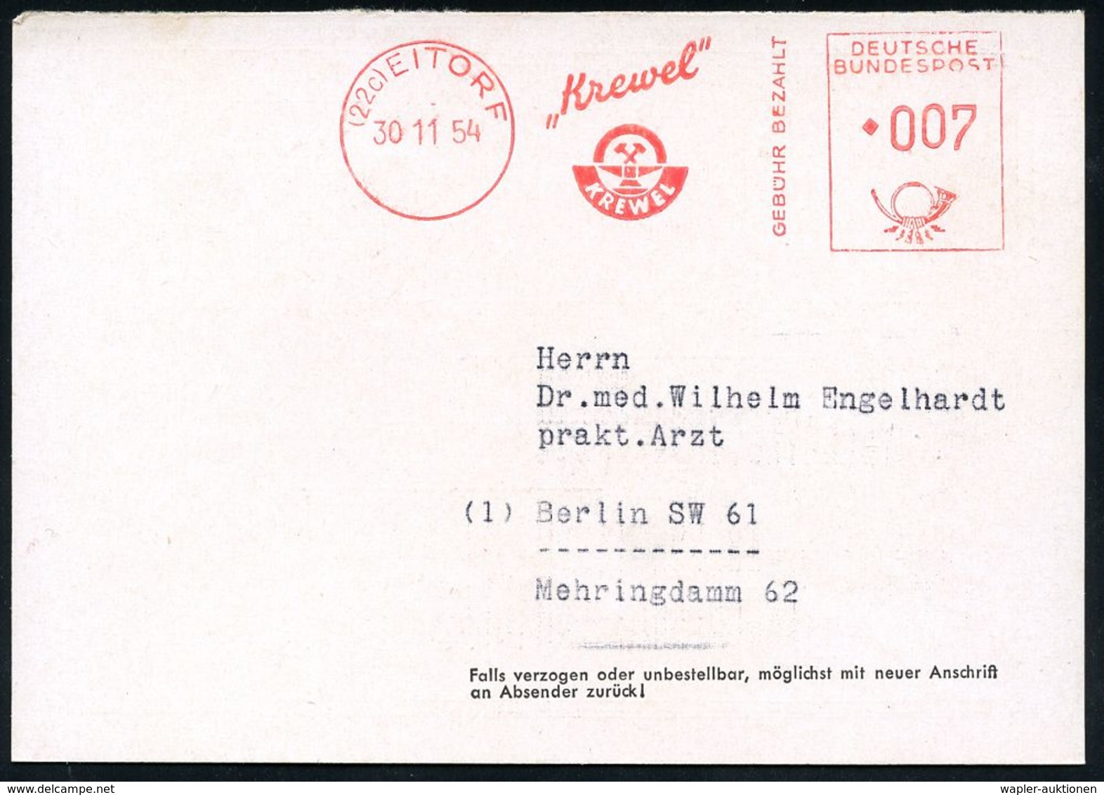 PHARMAZIE / MEDIKAMENTE : (22c) EITORF/ "Krewel"../ GEBÜHR BEZAHLT 1954 (Nov.) AFS 007 (Firmen-Logo) Auf 2 Verschiedenen - Pharmacie