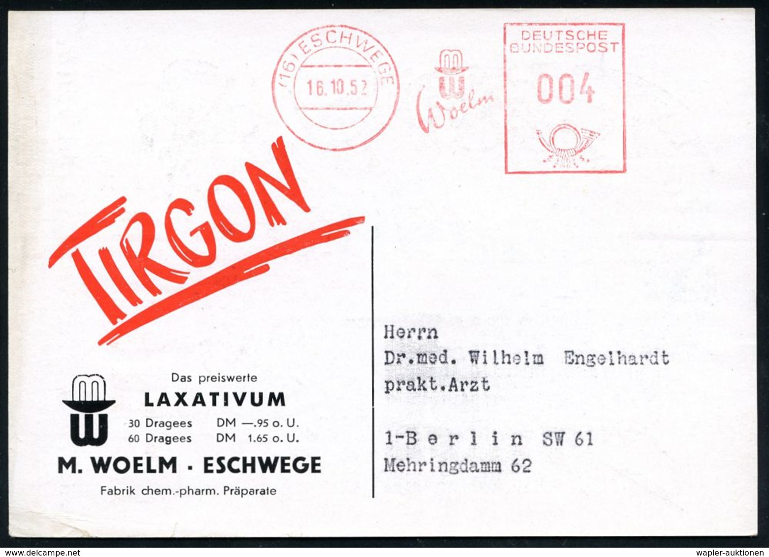 PHARMAZIE / MEDIKAMENTE : (16) ESCHWEGE/ MW/ Woelm 1952 (16.10.) AFS Francotyp , Seltene Stark Verkürzte Maschine, Color - Pharmacie