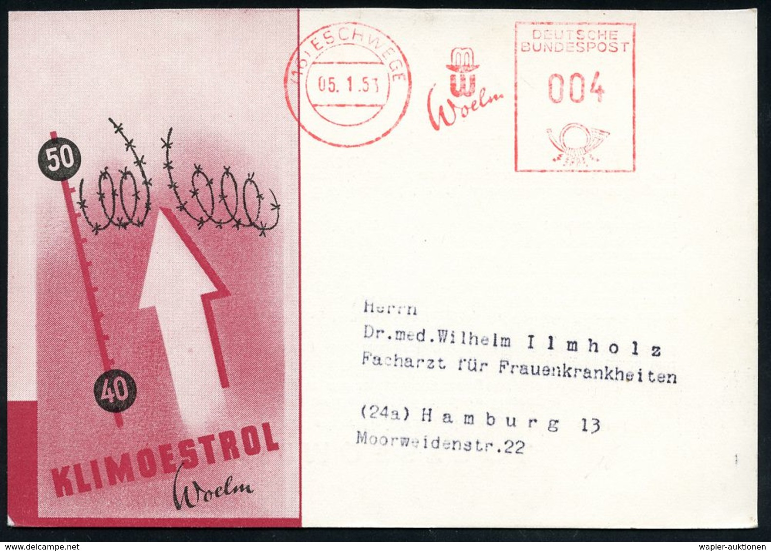 PHARMAZIE / MEDIKAMENTE : (16) ESCHWEGE/ MW/ Woelm 1953 (5.1.) AFS Francotyp, Seltene Verkürzte Type Auf Reklame-Kt.: KL - Pharmazie