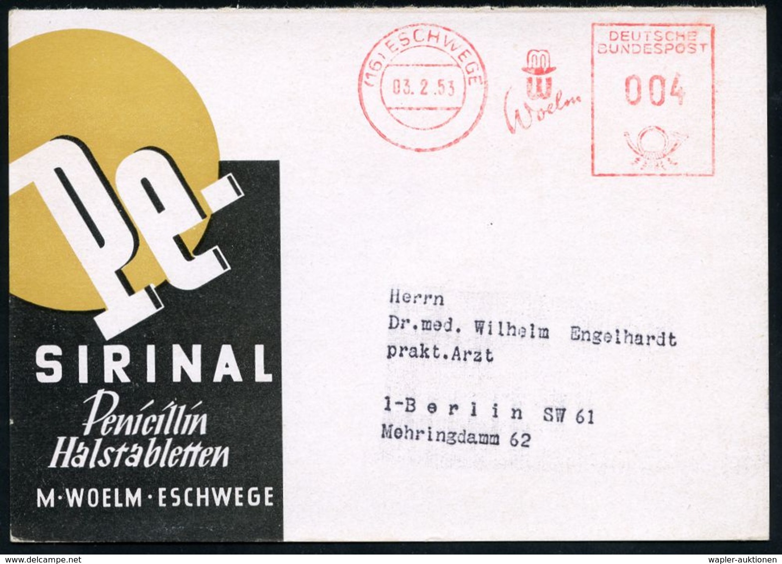 PHARMAZIE / MEDIKAMENTE : (16) ESCHWEGE/ MW/ Woelm 1953 (3.2.) AFS Francotyp, Seltene Verkürzte Type, Zweifarbige (halbe - Farmacia