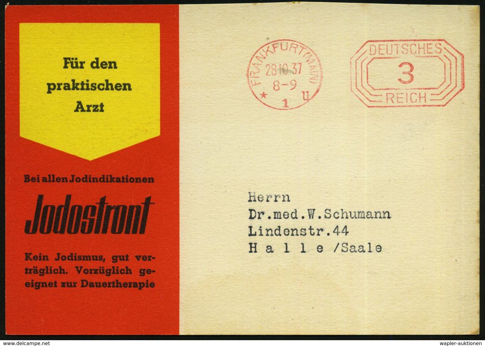 PHARMAZIE / MEDIKAMENTE : FRANKFURT (MAIN)/ *1u 1937 (28.10.) PFS 3 Pf. Achteck Auf Zweifarbiger Reklame-Kt.: Bei Allen  - Farmacia