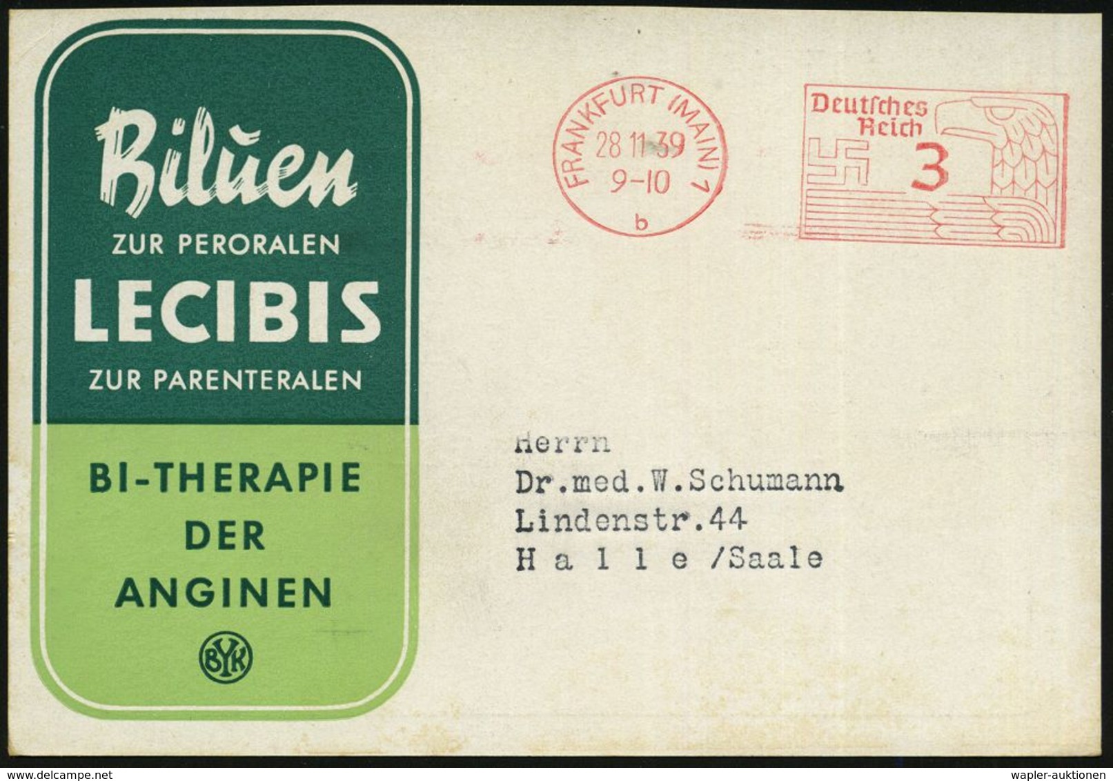 PHARMAZIE / MEDIKAMENTE : FRANKFURT (MAIN) 1/ B 1939 (28.11.) PFS 3 Pf. "Adlerkopf/Hakenkreuz" Auf Zweifarbiger Reklame- - Pharmazie