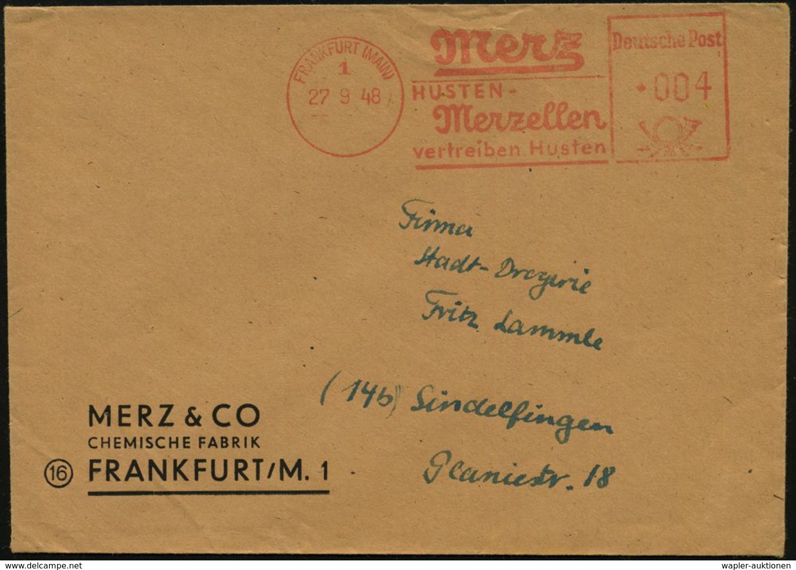 PHARMAZIE / MEDIKAMENTE : FRANKFURT (MAIN)/ 1/ Merz/ HUSTEN-/ Merzellen/ Vertreiben Husten 1949 (27.9.) Aptierter AFS =  - Farmacia