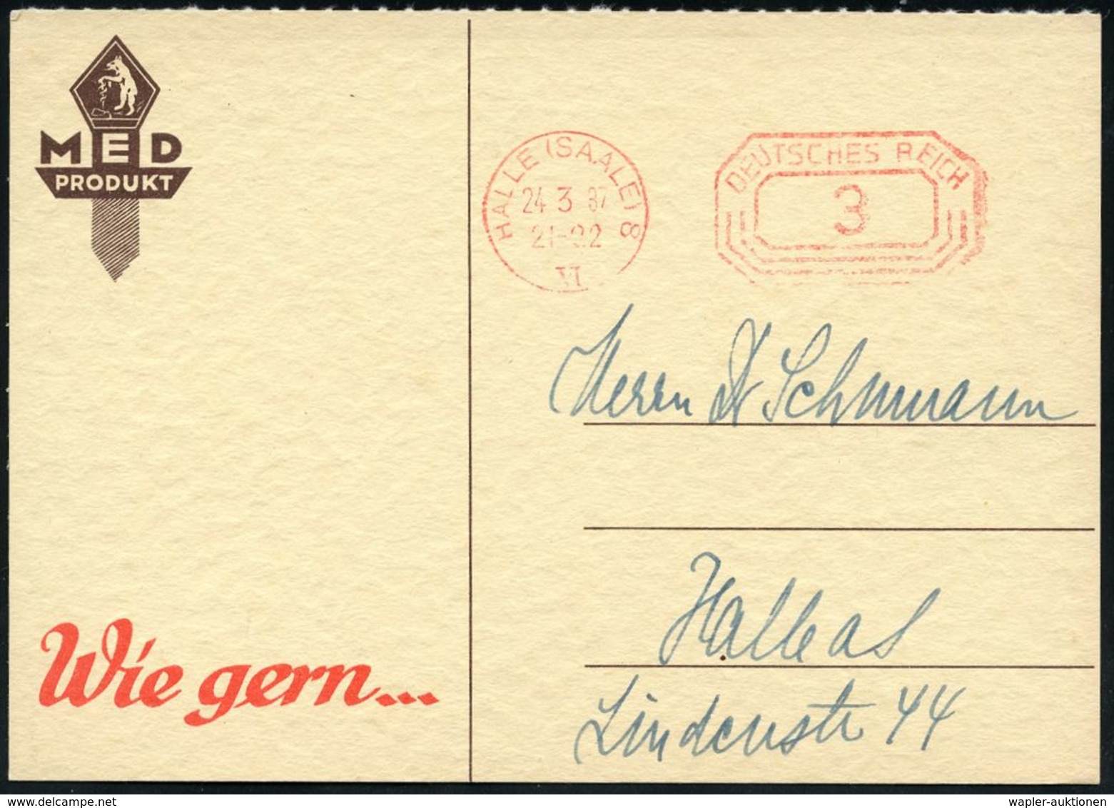 PHARMAZIE / MEDIKAMENTE : HALLE (SAALE) 8/ VI 1937 (24.3.) PFS 3 Pf. Achteck Auf (halber), Zweifarbiger Reklame-Kt.: MED - Pharmacie