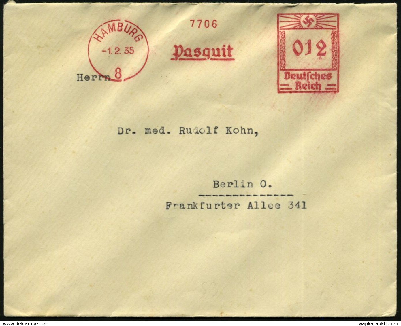 PHARMAZIE / MEDIKAMENTE : HAMBURG/ 8/ Paquit 1935 (1.2.) AFS , Rs. Abs.-Vordruck: Parafluid GmbH (kl. Klappenfehler) Fer - Pharmacie