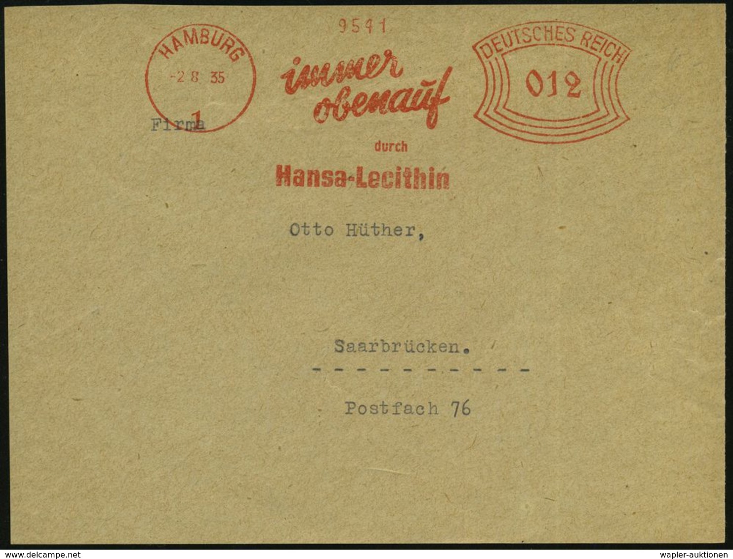 PHARMAZIE / MEDIKAMENTE : HAMBURG/ 1/ Immer/ Obenauf/ Durch/ Hansa-Lecithin 1935 (2.8.) AFS Klar Auf Bedarfs-Vs. (Dü.E-1 - Pharmacie