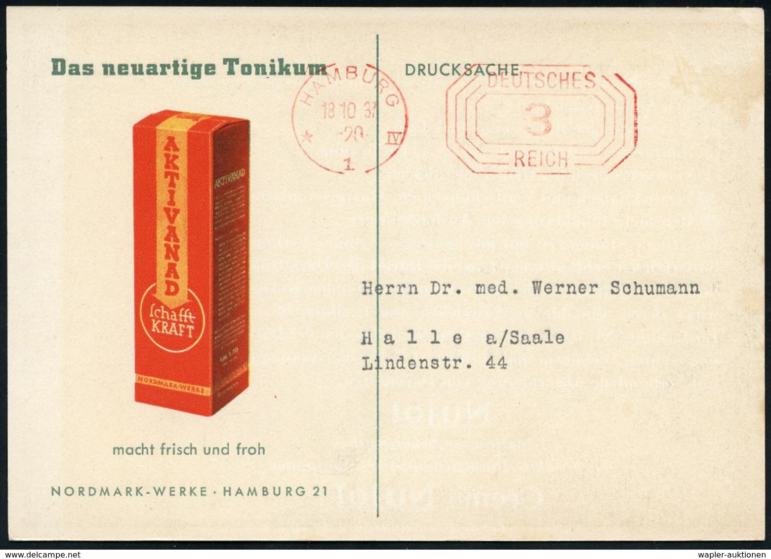 PHARMAZIE / MEDIKAMENTE : HAMBURG/ *1IV/ DEUTSCHES/ REICH 1937 (18.10.) PFS 3 Pf. Achteck Auf Zweifarbiger Reklame-Ak.:  - Pharmacie