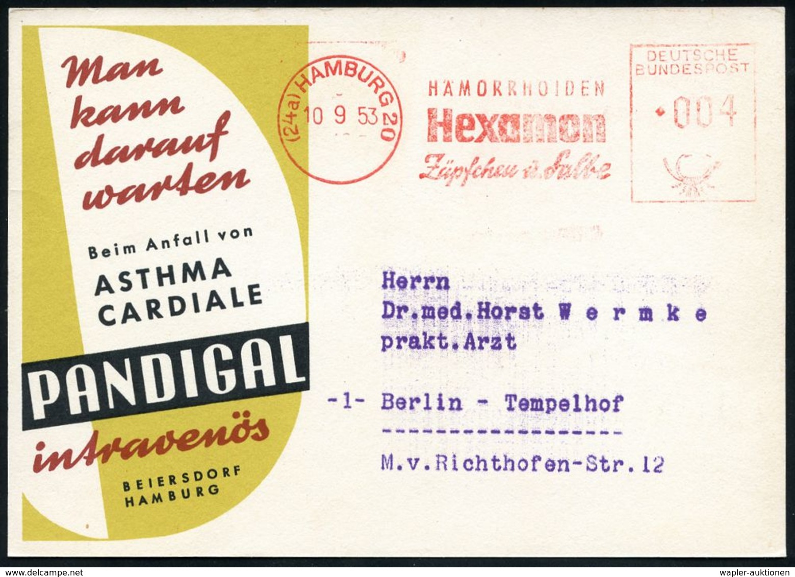 PHARMAZIE / MEDIKAMENTE : (24a) HAMBURG 20/ HÄMORRHOIDEN/ Hexamon/ Zäpfchen U.Salbe 1953 (10.9.) AFS Auf Zweifarbiger Re - Pharmacie