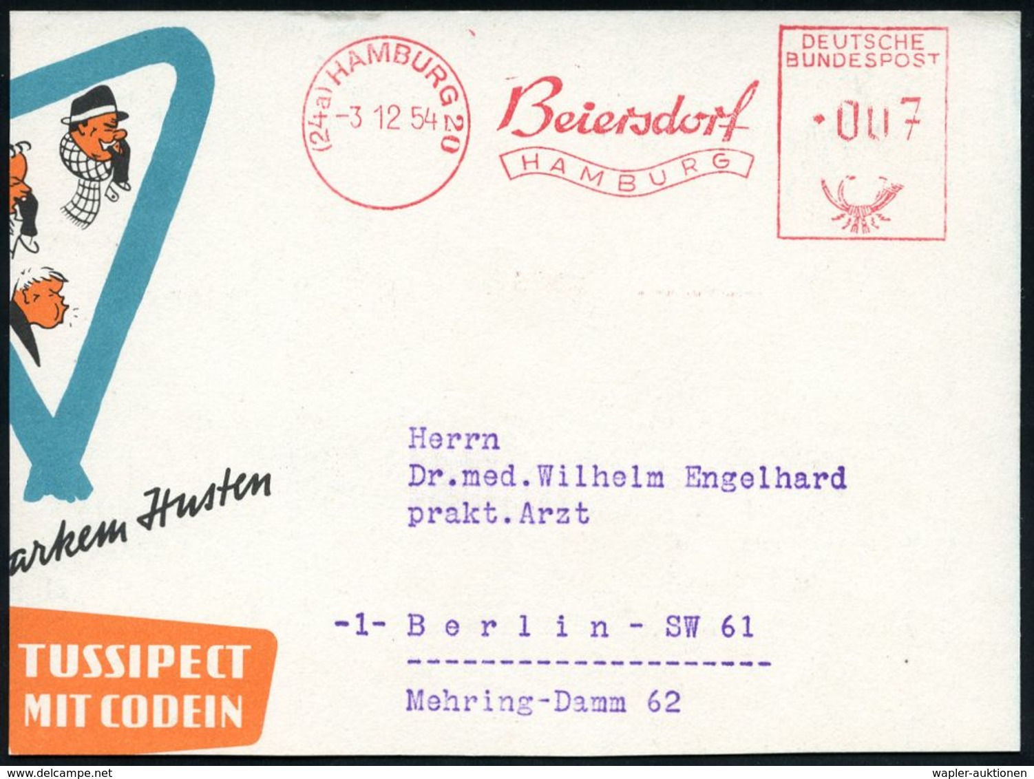 PHARMAZIE / MEDIKAMENTE : (24a) HAMBURG 20/ Beiersdorf.. 1954 (3.12.) AFS Auf (halber) Color-Reklame-Kt.: TUSSIPECT MIT  - Pharmacie