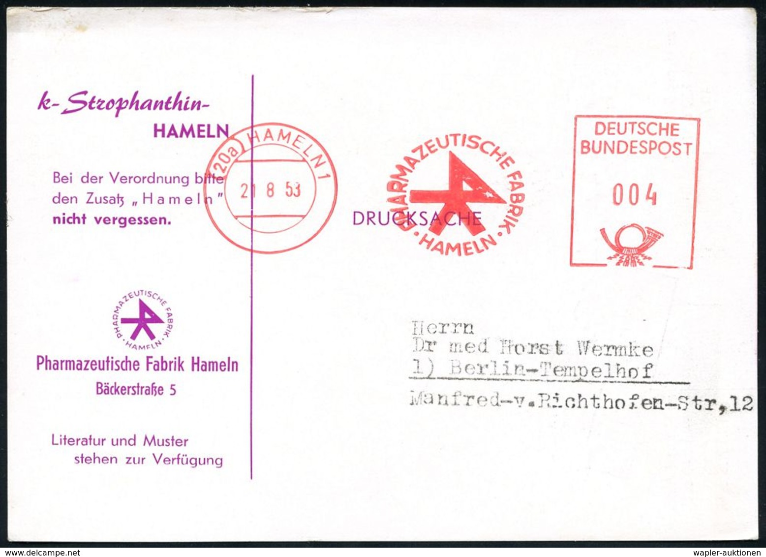 PHARMAZIE / MEDIKAMENTE : (20a) HAMELN 1/ PHARMAZEUTISCHE FABRIK HAMELN 1953 (21.8.) AFS = Firmen-Logo Auf Monochromer R - Pharmacie