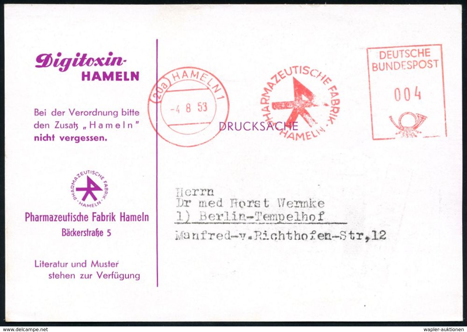 PHARMAZIE / MEDIKAMENTE : (20a) HAMELN 1/ PHARMAZEUTISCHE FABRIK HAMELN 1953 (4.8.) AFS = Firmen-Logo Auf Monochromer Re - Pharmacie