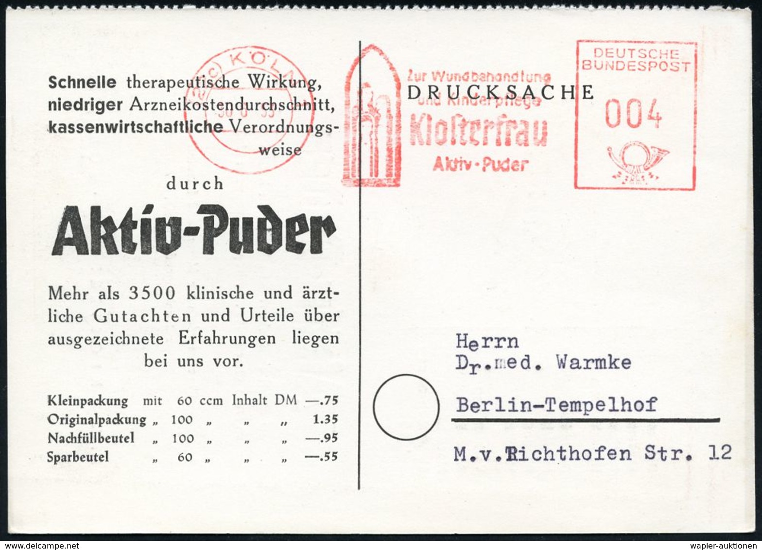 PHARMAZIE / MEDIKAMENTE : (22c) KÖLN !/ Zur Wundbehandlung/ U.Kinderpflege/ Klosterfrau/ Aktiv-Puder 1953 (30.6.) AFS (2 - Pharmacie
