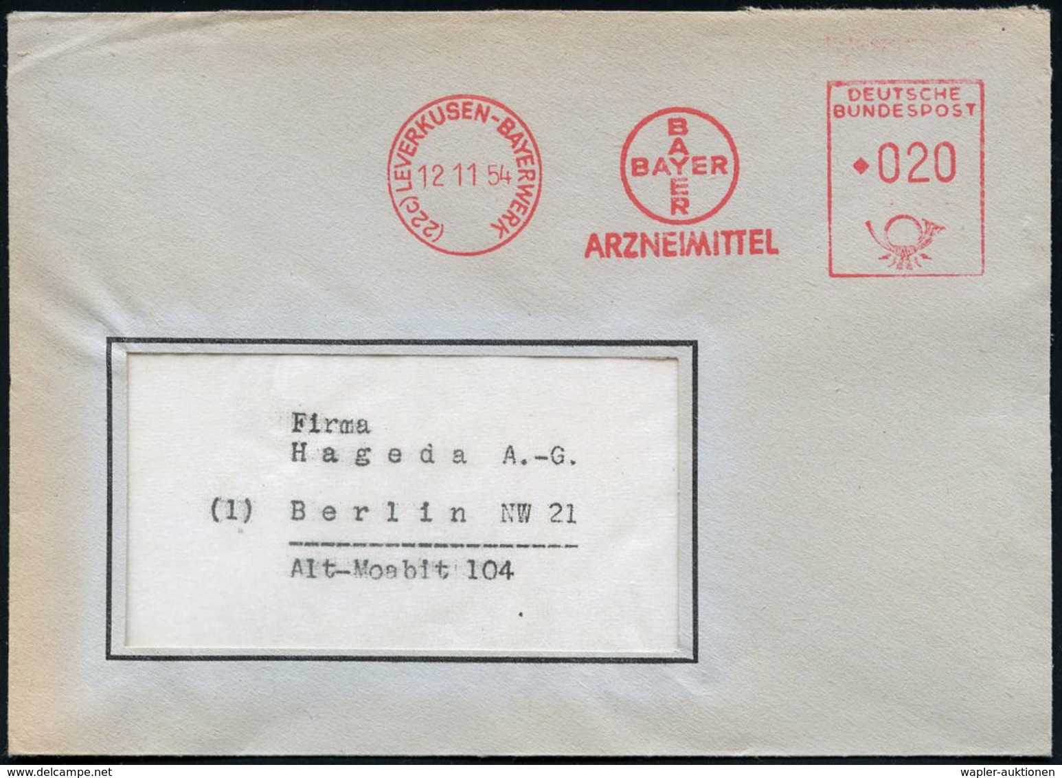 PHARMAZIE / MEDIKAMENTE : (22c) LEVERKUSEN-BAYERWERK/ BAYER/ ARZNEIMITTEL 1954 (12.11.) AFS = Hauspostamt Bayerwerk , Rs - Pharmacie