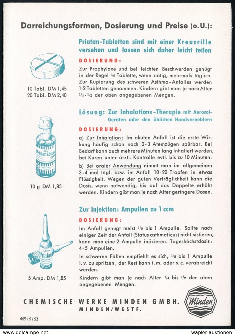 PHARMAZIE / MEDIKAMENTE : (21a) MINDEN (WESTF) 1/ Chemische Werke Minden.. 1953 (29.6.) AFS Auf Zweifarbiger Reklame-Kla - Pharmacie