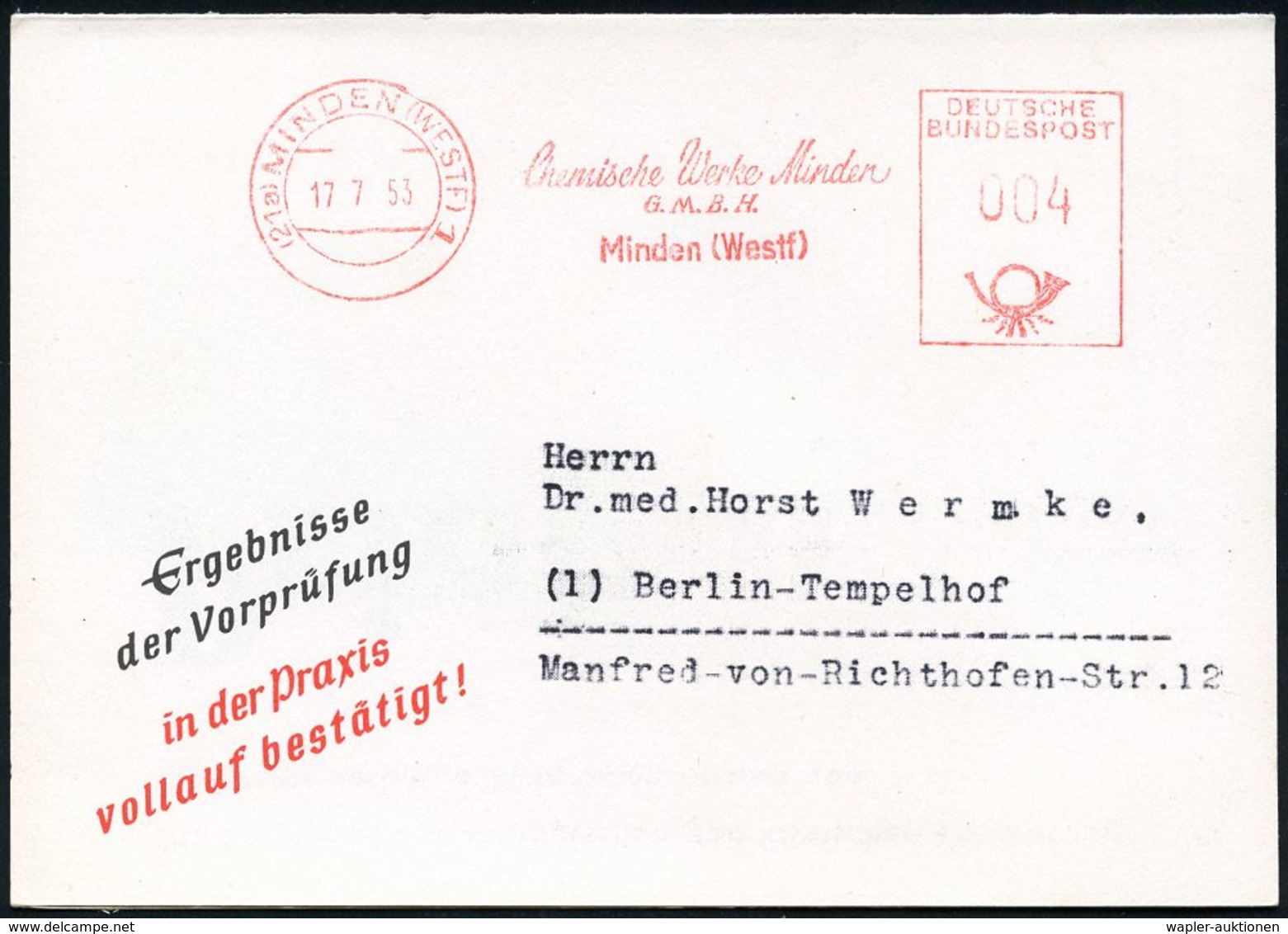 PHARMAZIE / MEDIKAMENTE : (21a) MINDEN (WESTF) 1/ Chemische Werke Minden.. 1953 (29.6.) AFS Auf Zweifarbiger Reklame-Kla - Pharmacy