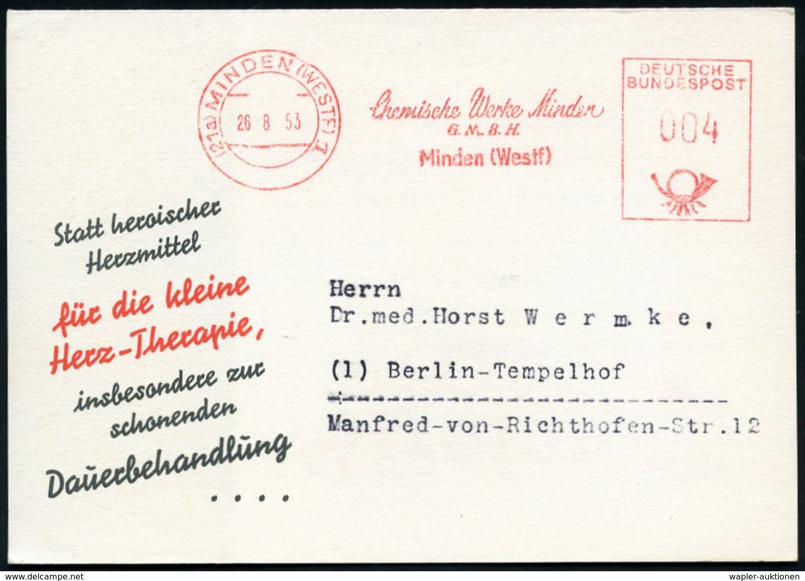 PHARMAZIE / MEDIKAMENTE : (21a) MINDEN (WESTF) 1/ Chemische Werke Minden/ GmbH.. 1953 (26.8.) AFS Auf Color-Reklame-Klap - Pharmacie