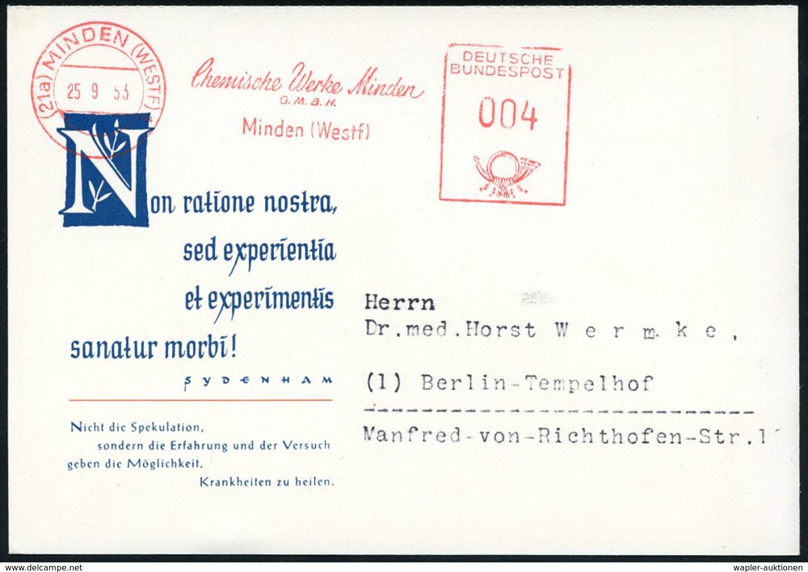 PHARMAZIE / MEDIKAMENTE : (21a) MINDEN (WESTF) 1/ Chemische Werke Minden.. 1953 (25.9.) AFS Auf Zweifarbiger (halber) Re - Pharmacie