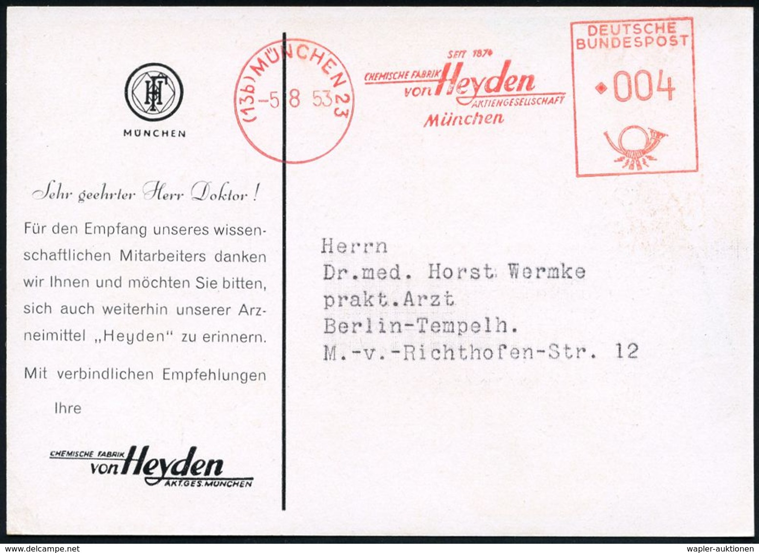 PHARMAZIE / MEDIKAMENTE : (13b) MÜNCHEN 23/ ..CHEMISCHE FABRIK/ Von Heyden/ AG.. 1953 (5.8.) AFS Auf Color-Künstler-Rekl - Pharmacie