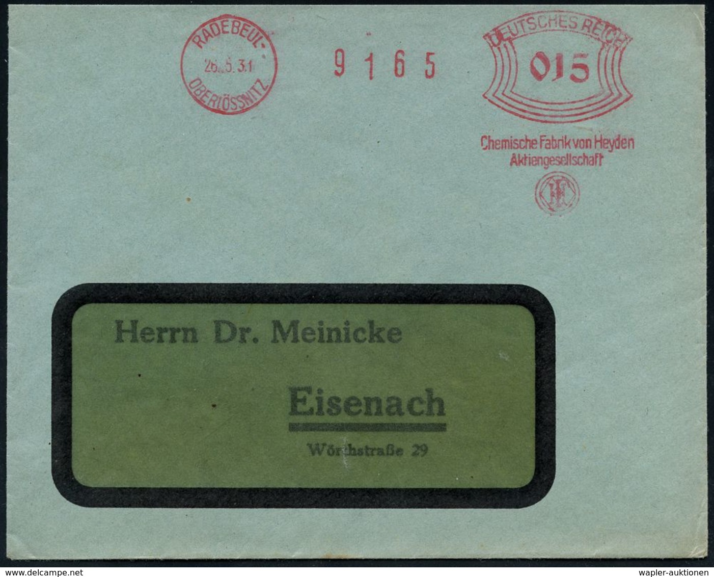 PHARMAZIE / MEDIKAMENTE : RADEBEUL-/ OBERLÖSSNITZ/ Chemische Fabrik V.Heyden/ AG 1928 (27.9.) AFS (Logo) Rs. Abs.-Vordru - Pharmacie