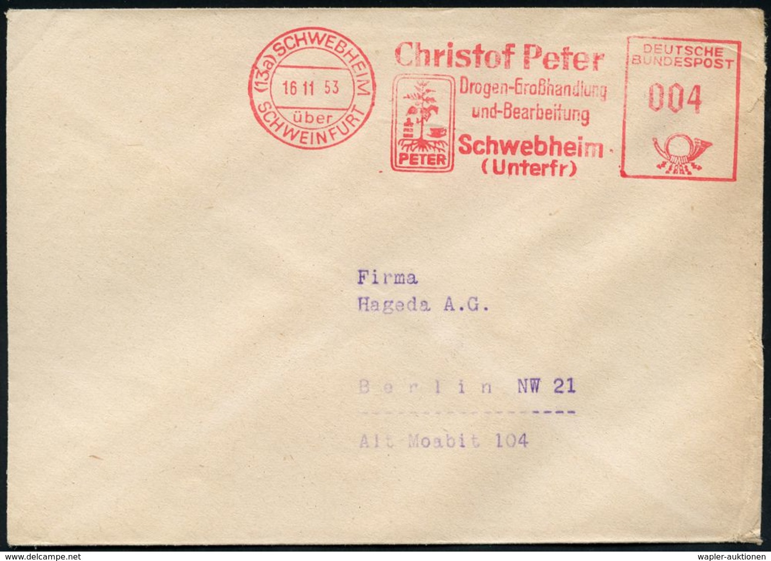 PHARMAZIE / MEDIKAMENTE : (13a) SCHWEBHEIM/ über/ SCHWEINFURT/ Christof Peter/ Drogen-Großhandlung.. 1953 (16.11.) AFS,  - Pharmacie