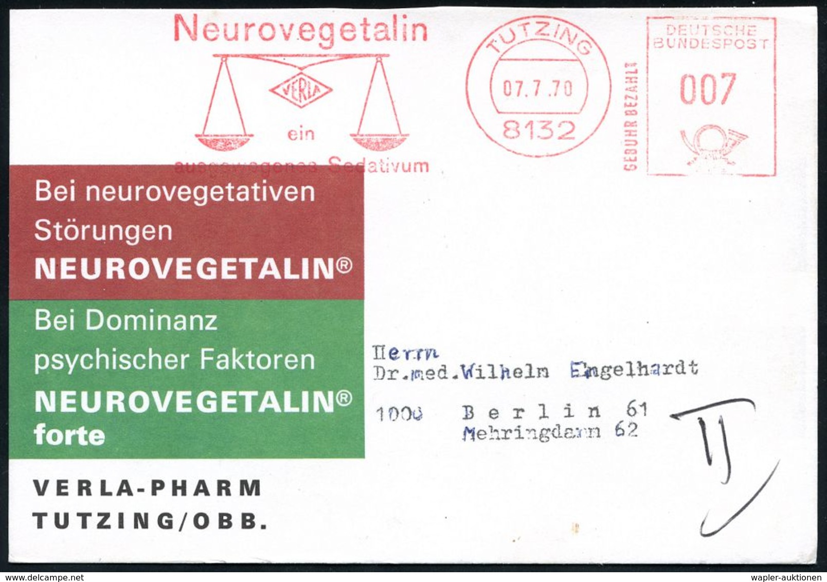 PHARMAZIE / MEDIKAMENTE : 8132 TUTZING/ GEBÜHR BEZAHLT/ Neurovegetalin.. 1979 (7.7.) AFS 007 Pf. = Waage Auf Zweifarbige - Pharmacie