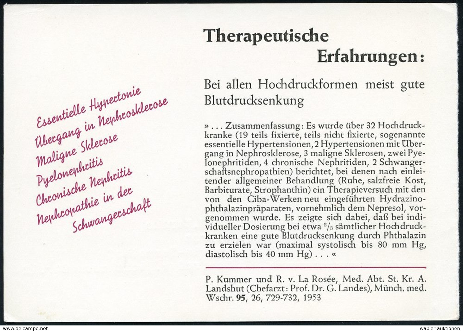 PHARMAZIE / MEDIKAMENTE : (17a) WEHR (BADEN)/ Ciba AG 1953 (16.9.) AFS Auf Zweifarbiger Reklame-Kt.: Bei Hypertonie Nepr - Pharmacie