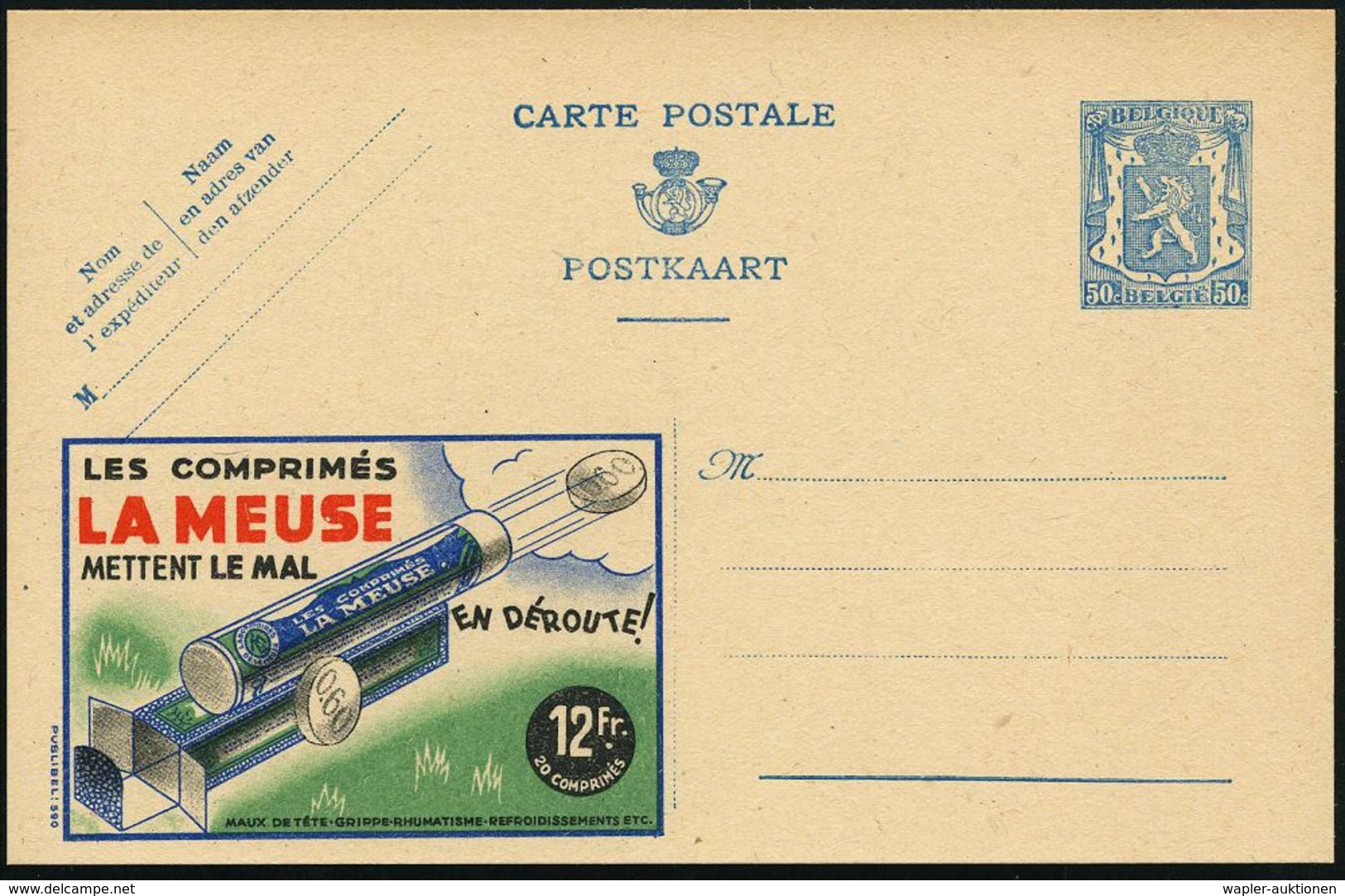 PHARMAZIE / MEDIKAMENTE : BELGIEN 1941 50 C. Reklame-P. Wappenlöwe, Blau: LA MEUSE/METTENT LE MAL.. (Pillen-Kanone) Unge - Pharmacy