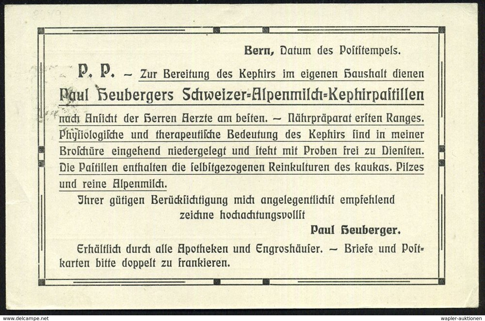 PHARMAZIE / MEDIKAMENTE : SCHWEIZ 1908 (5.10.) PP 5 C. Tellknabe, Grün: Paul Heuberger, Alpenmilch-Kephirpastillen.. Rei - Pharmacie